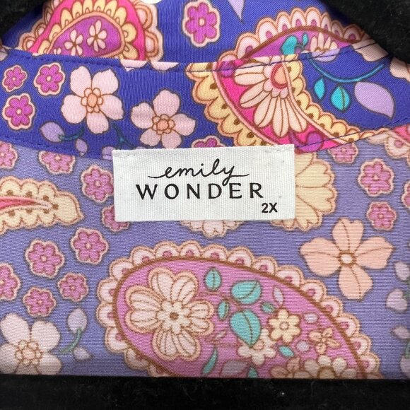 Emily Wonder Purple Colorful Paisley Floral Button Down Shirt Ruffle 2X zq - Picture 2 of 4